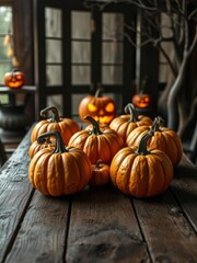 Wall Mural - Wooden table with pumpkins with halloween background halloween backdrop