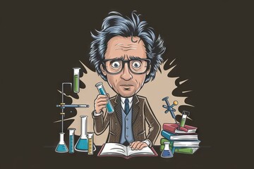 Wall Mural - scientist lab illustration. a cartoon scientist in a lab coat holding a test tube and surrounded by 