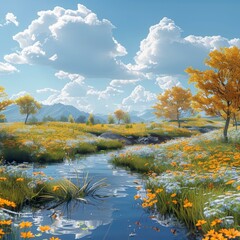 Poster - A Beautiful Mountain Meadow with a Creek