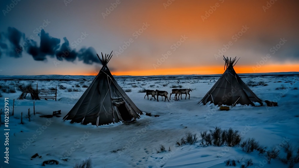 Sami settlement in winter tundra, surrounded by reindeer and pristine ...