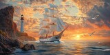 Sailing ship at sunset near a lighthouse.