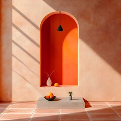 Poster - Dramatic 3D interior studio setting with bare terracotta walls tile floors and a centrally placed product display platform  Warm lighting from a window creates dramatic shadows