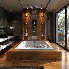 Canvas Print - Modern Wooden Jacuzzi Bathroom Design