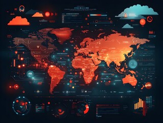 Poster - Futuristic World Map Showcasing AI Powered Global Logistics and Trade Networks Intricate data visualizations pulsing logistics hubs and dynamic flow lines across continents portrayed in a bold