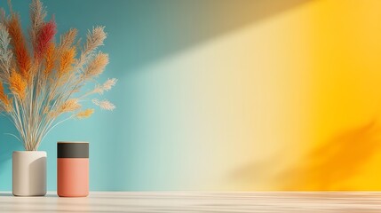 Poster - Sleek and modern 3D rendered minimalist workspace with abstract chromatic backdrop bare floor and wall product presentation plinth and directional shadow effect from natural window lighting