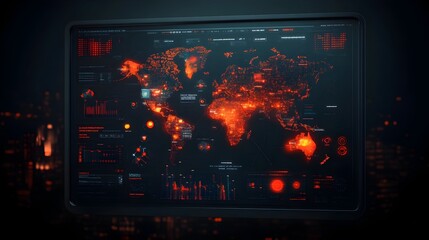 Poster - Futuristic AI powered interactive world map interface managing international trade flows transportation networks and dynamic data analytics  Advanced holographic data visualization