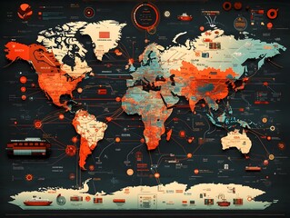 Poster - Futuristic world map showcasing the intricate web of AI powered international logistics with color coded supply chain routes and container ship paths converging across continents