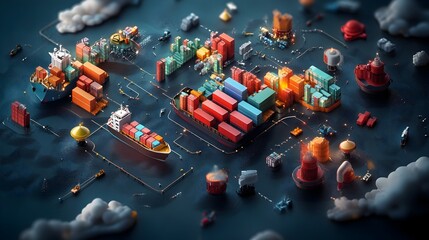 Poster - Comprehensive Worldwide Logistics Network Map with AI Driven Supply Chain Coordination and Vibrant Futuristic Cityscape Showcasing the Efficiency and Connectivity of Global Product Distribution
