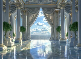 Wall Mural - A Majestic Palace Hall with Ocean View