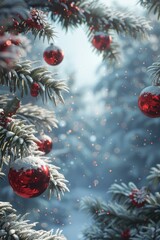 Wall Mural - winter wonderland christmas tree decorated with red balls