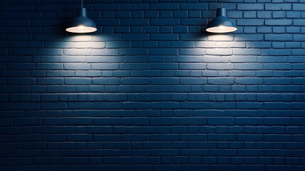 A dark blue brick wall illuminated by two overhead lights, casting shadows and creating a moody urban atmosphere.