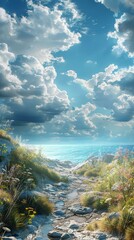 Poster - Scenic Coastal Pathway Under a Cloudy Sky