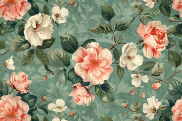 Poster - Pink and white roses and green leaves