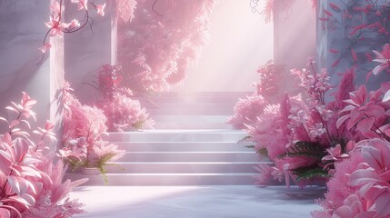 Poster - Pink Floral Stairway Illustration