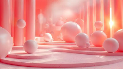 Poster - Pink Geometric Abstract Space with Floating Balls