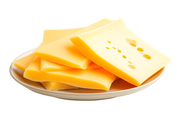 Wall Mural - A variety of cheeses, including Swiss and Brie, arranged on plate isolated on white background, representing dairy food.