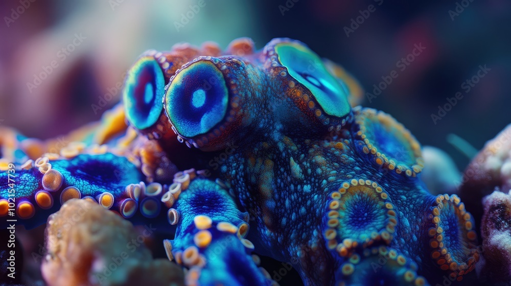 Detailed close-up of a blue-ringed octopus, its vibrant blue rings ...