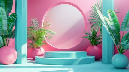 Poster - Pastel Pink and Teal Geometric Display Podium with Tropical Plants