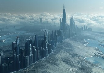 Wall Mural - Futuristic City Above the Clouds Illustration