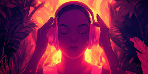 Person adjusting headphones for recorded meditation session, illustration art