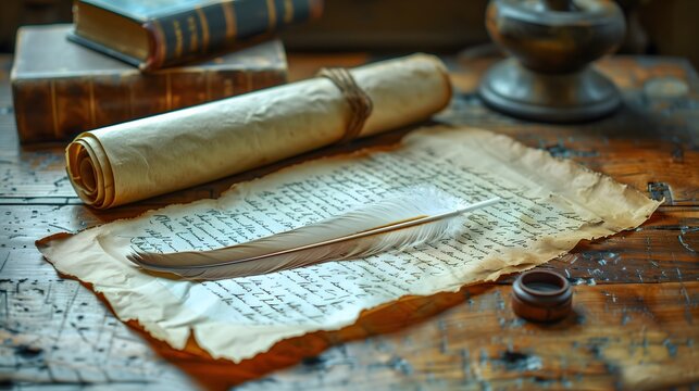 feather quill pen on an aged parchment, with flowing ink forming graceful letters