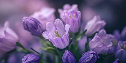 Poster - Vibrant purple flowers bloom gracefully in a serene setting. Their soft petals create a calming atmosphere. Ideal for nature lovers and floral enthusiasts. AI