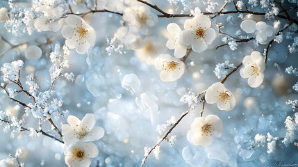 Wall Mural - A painting featuring several white blooms against a backdrop of blue and white, with snowflakes adorning the tree branches