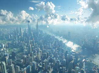 Wall Mural - Futuristic Aerial View of a Metropolis Cityscape