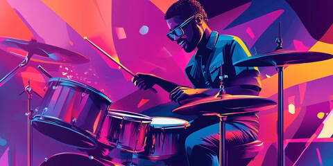 Drummer performing solo during jazz ensemble concert in club, illustration art