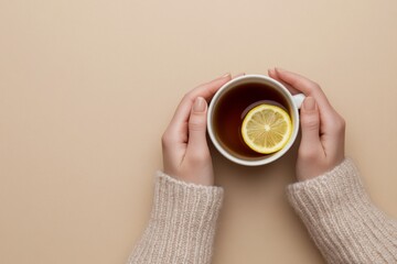 Woman with Herbal Tea banner. Female hands in warm sweater holding a cup of tea with lemon on beige. Top view, copy space. Cozy atmosphere, aesthetic minimal style. Autumn and winter theme. Vitamins