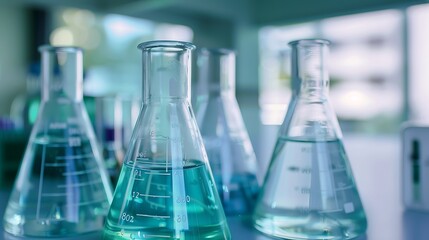 close-up view of beakers containing fluorescent chemical solutions, clean laboratory environment