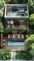 Wall Mural - Top Down View of Modern Tropical House with Pool and Garden