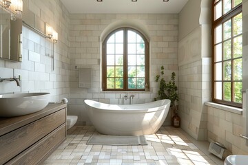 Canvas Print - Luxury Vintage Bathroom with Large Window