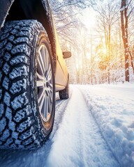 Wall Mural - Close-up Of Winter Tire On Car Driving Through Snowy Forest Road In Sunny Winter Morning