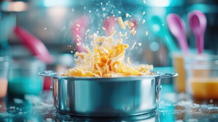 Pasta bursts energetically from a pot in a flurry of motion, with ingredients scattered around, showcasing a lively and creative culinary process full of life.