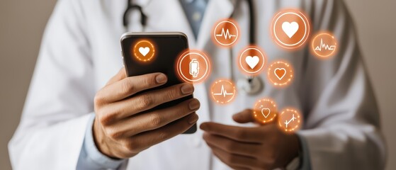A doctor using a smartphone app displaying health icons, isolated on a neutral background.