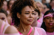 © _gexx_ - Portrait of a Woman With Curly Hair and a Pink Ribbon. Breast Cancer awareness solidarity and support