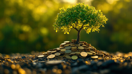 A small tree growing from a pile of golden coins, symbolizing financial growth and investment.