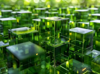 Poster - Green glass cubes of different sizes are arranged in a staggered pattern