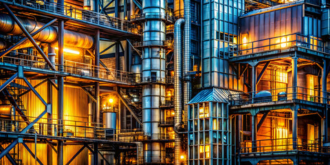 Poster - Industrial Symphony: A mesmerizing close-up of a towering industrial complex, bathed in warm, golden light, showcasing the intricate network of pipes, platforms.