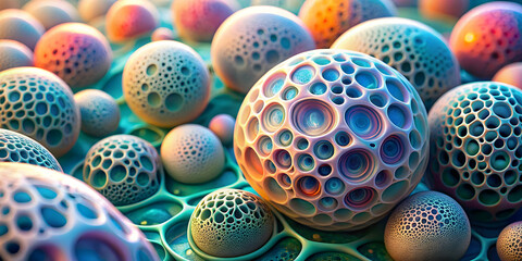 Poster - Abstract Sphere Landscape: A mesmerizing close-up of a surreal landscape, with intricate, textured spheres in vibrant hues of pink, blue, and teal, creating a dreamlike and otherworldly scene.
