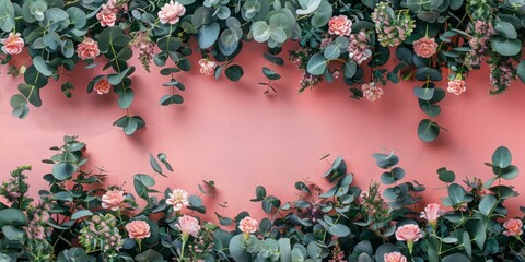 Wall Mural - Pink flowers and eucalyptus leaves on a pink background