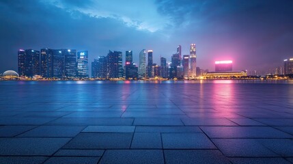 Empty square floor with modern city buildings scenery. Empty square floors and city skyline with modern buildings under blue sky.