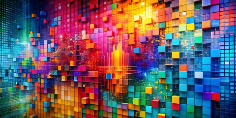 Poster - Abstract Colorful Cube Wall: A captivating abstract background featuring a vibrant wall of colorful cubes, creating a dynamic and energetic visual that evokes feelings of creativity, energy.