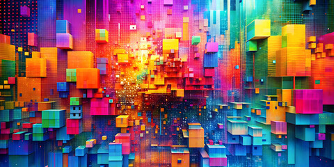 Fototapete - Vibrant 3D Cube Cityscape: Abstract explosion of color and form.  A mesmerizing digital art piece showcasing a dynamic composition of colorful cubes, creating a sense of depth, movement, and energy.