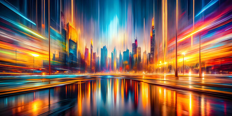 Poster - Cityscape Symphony: A mesmerizing abstract of a futuristic city, pulsating with vibrant lights and dynamic energy.  This digital artwork is a vibrant symphony of colors and motion.