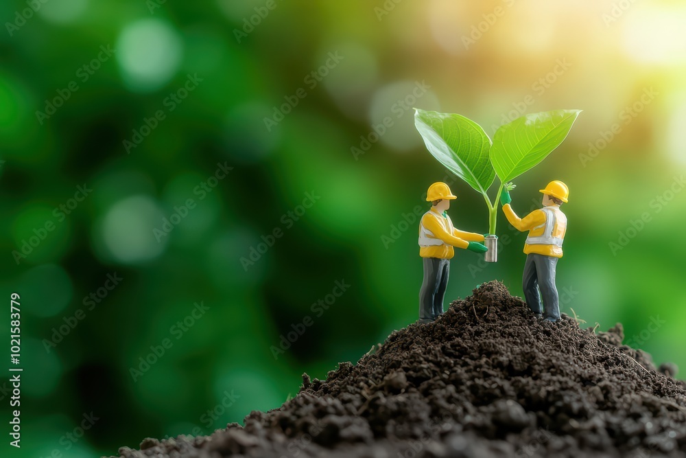 Miniature workers planting a young plant in rich soil, symbolizing ...