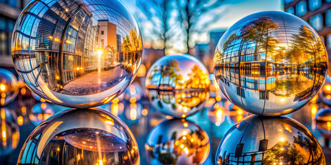 Poster - Cityscape Reflections in Spheres:  A captivating display of urban architecture, mirrored in a cluster of gleaming silver spheres, capturing the interplay of light and form.
