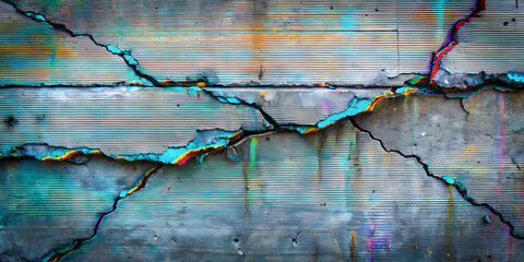 Poster - Cracked Concrete Wall with Vibrant Paint Splatter: Abstract Texture Background 