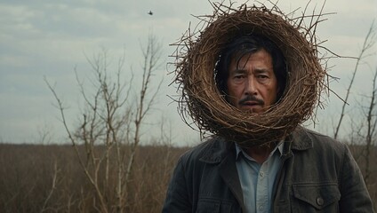 Man with bird nest on a head. Minimal abstract environmental protection concept. Being one with a nature idea. Copy space.